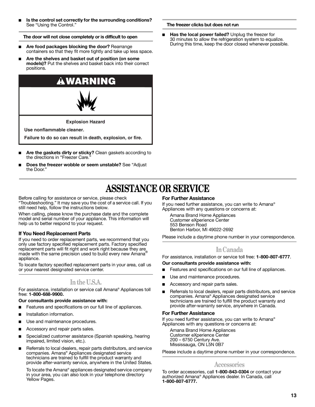 Amana W10326797A manual Assistance or Service, U.S.A, InCanada, Accessories 