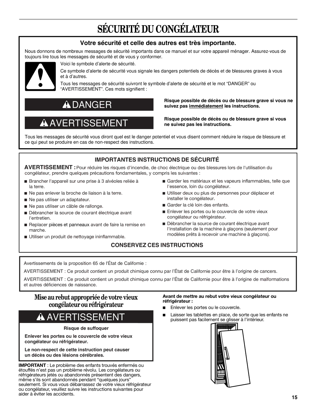 Amana W10326797A manual Sécurité DU Congélateur, Votre sécurité et celle des autres est très importante 