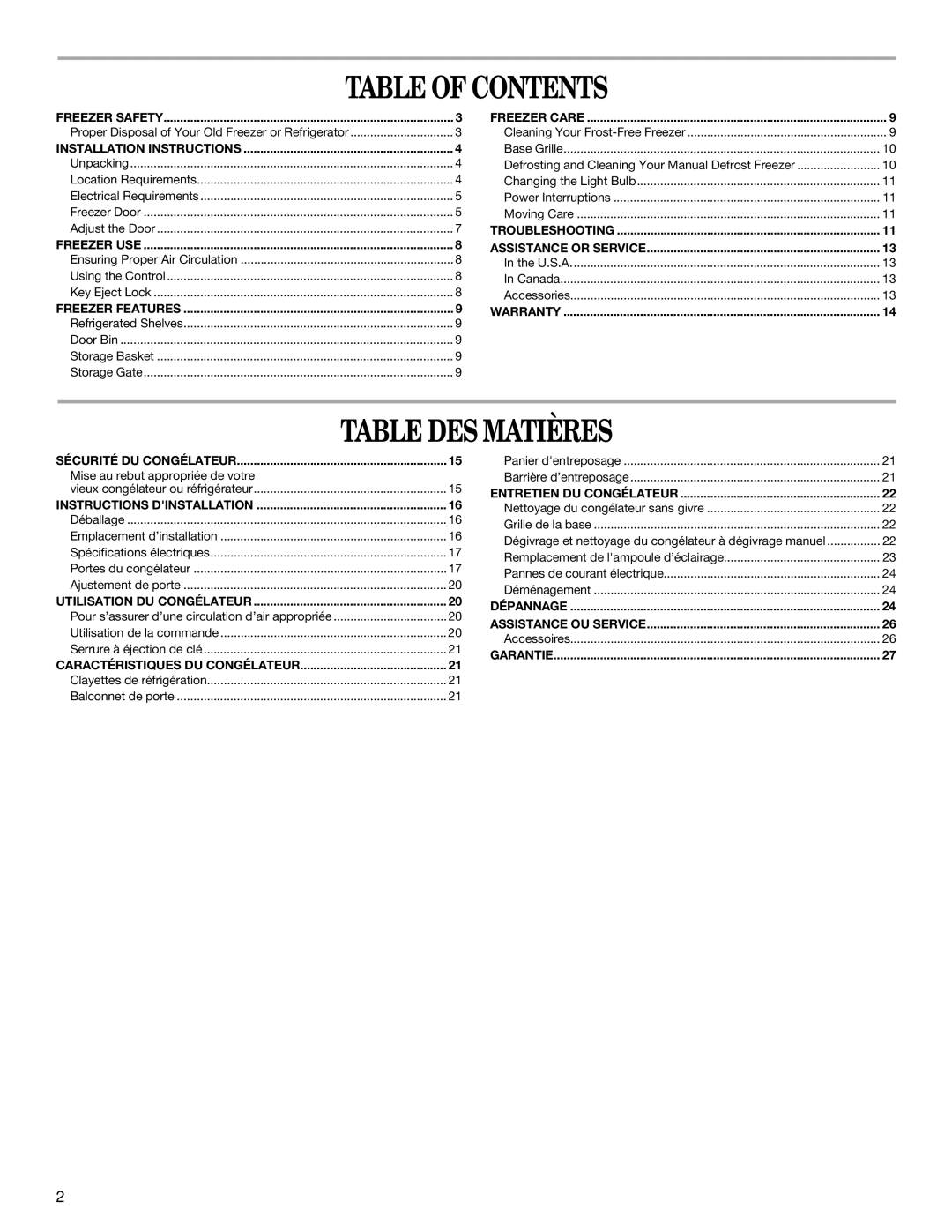 Amana W10326797A manual Table of Contents, Table DES Matières 