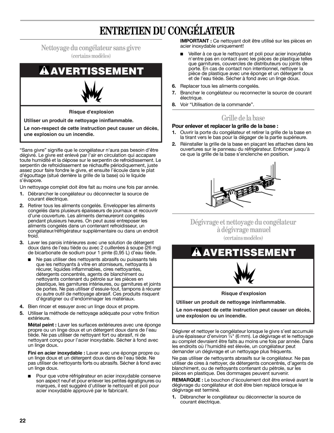 Amana W10326797A manual Entretien DU Congélateur, Nettoyage du congélateur sans givre, Grille de la base 