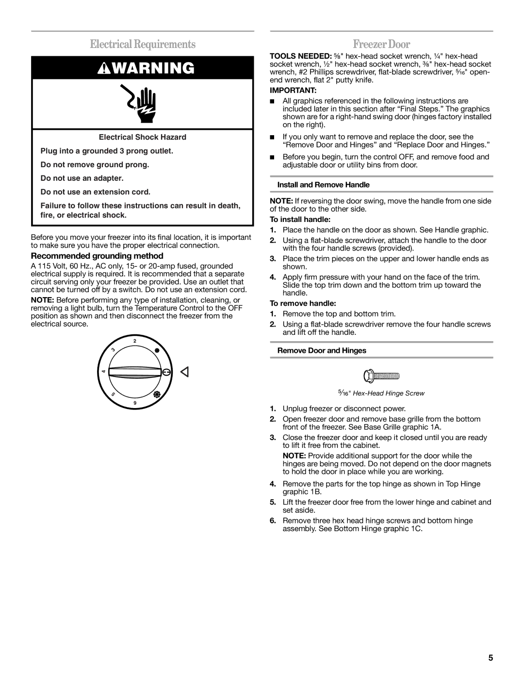 Amana W10326797A manual Electrical Requirements, Freezer Door, Recommended grounding method 