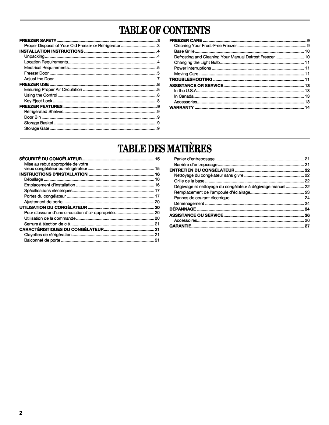 Amana W10326797A manual Table Of Contents, Table Des Matières, Installation Instructions, Sécurité Du Congélateur 