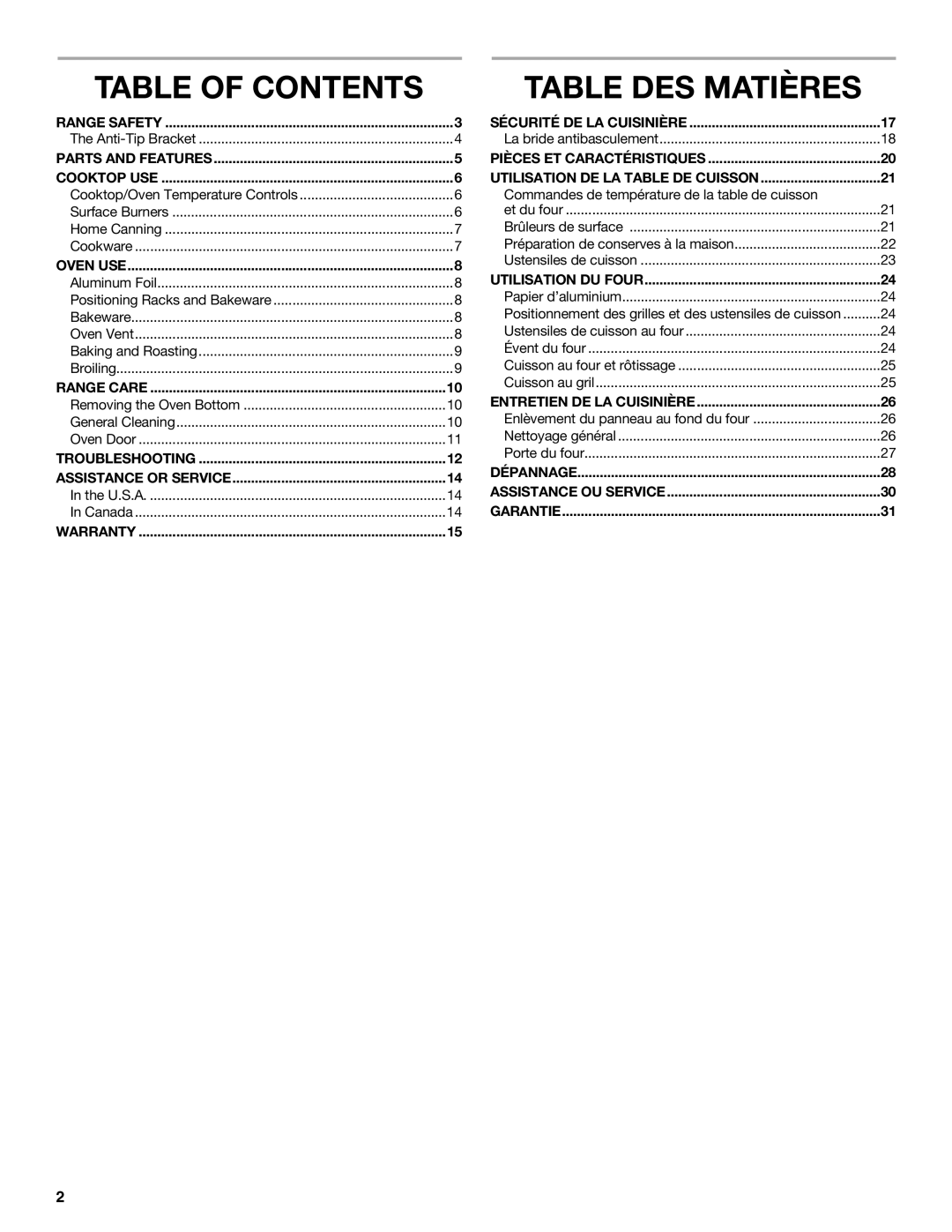 Amana W10330187C manual Table of Contents, Table DES Matières 