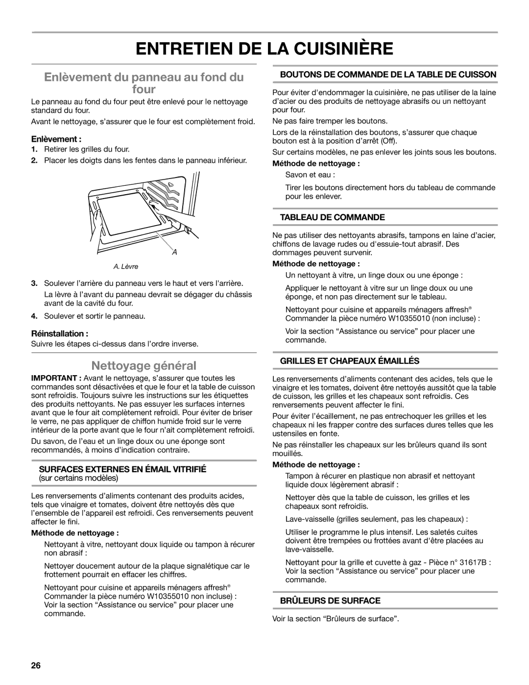 Amana W10330187C manual Entretien DE LA Cuisinière, Enlèvement du panneau au fond du Four, Nettoyage général 