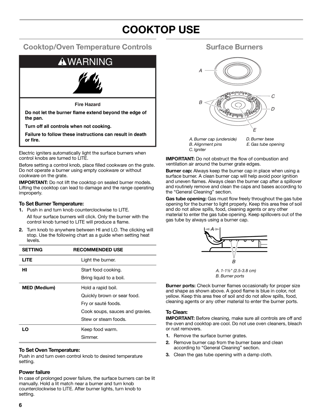 Amana W10330187C manual Cooktop USE, Cooktop/Oven Temperature Controls, Surface Burners 