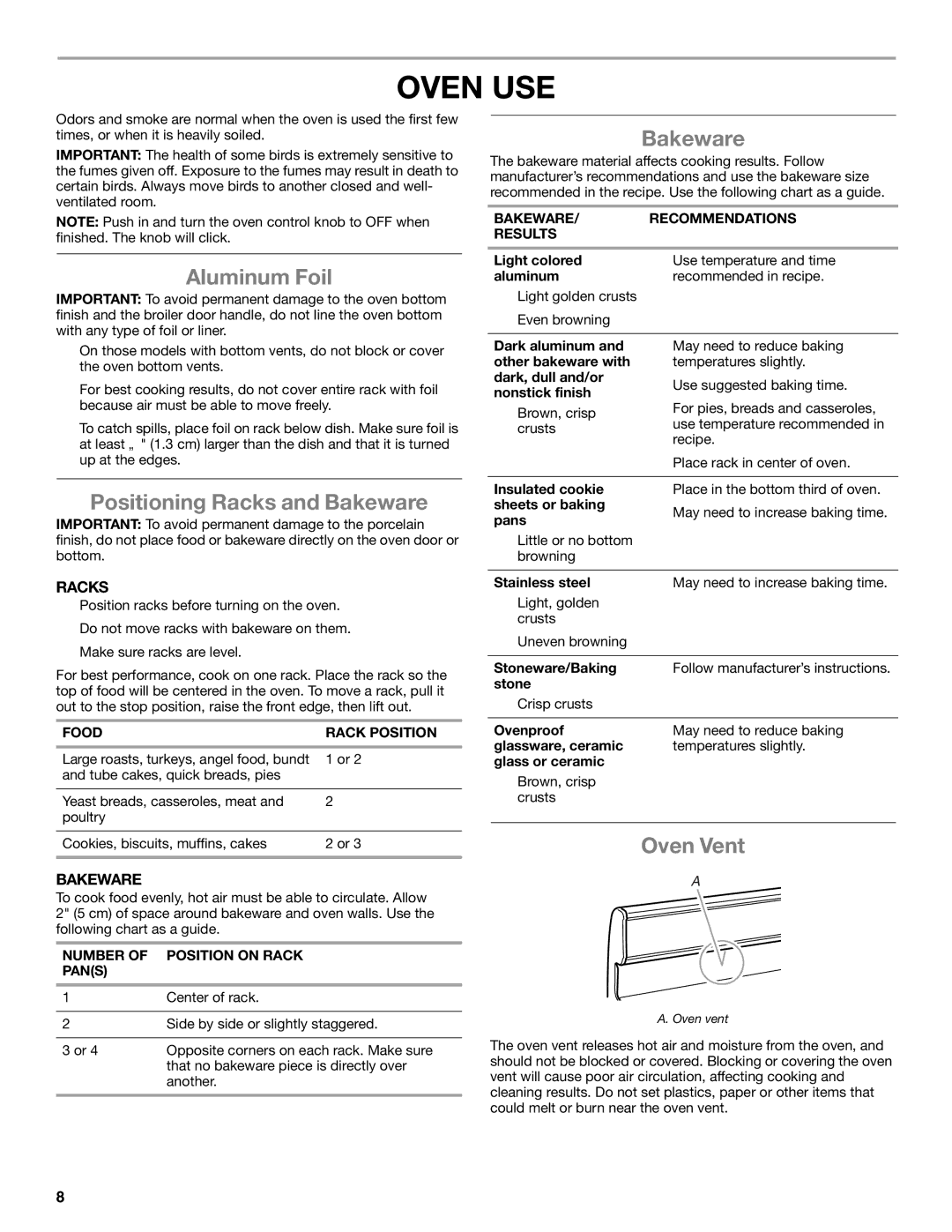 Amana W10330187C manual Oven USE, Aluminum Foil, Positioning Racks and Bakeware, Oven Vent 