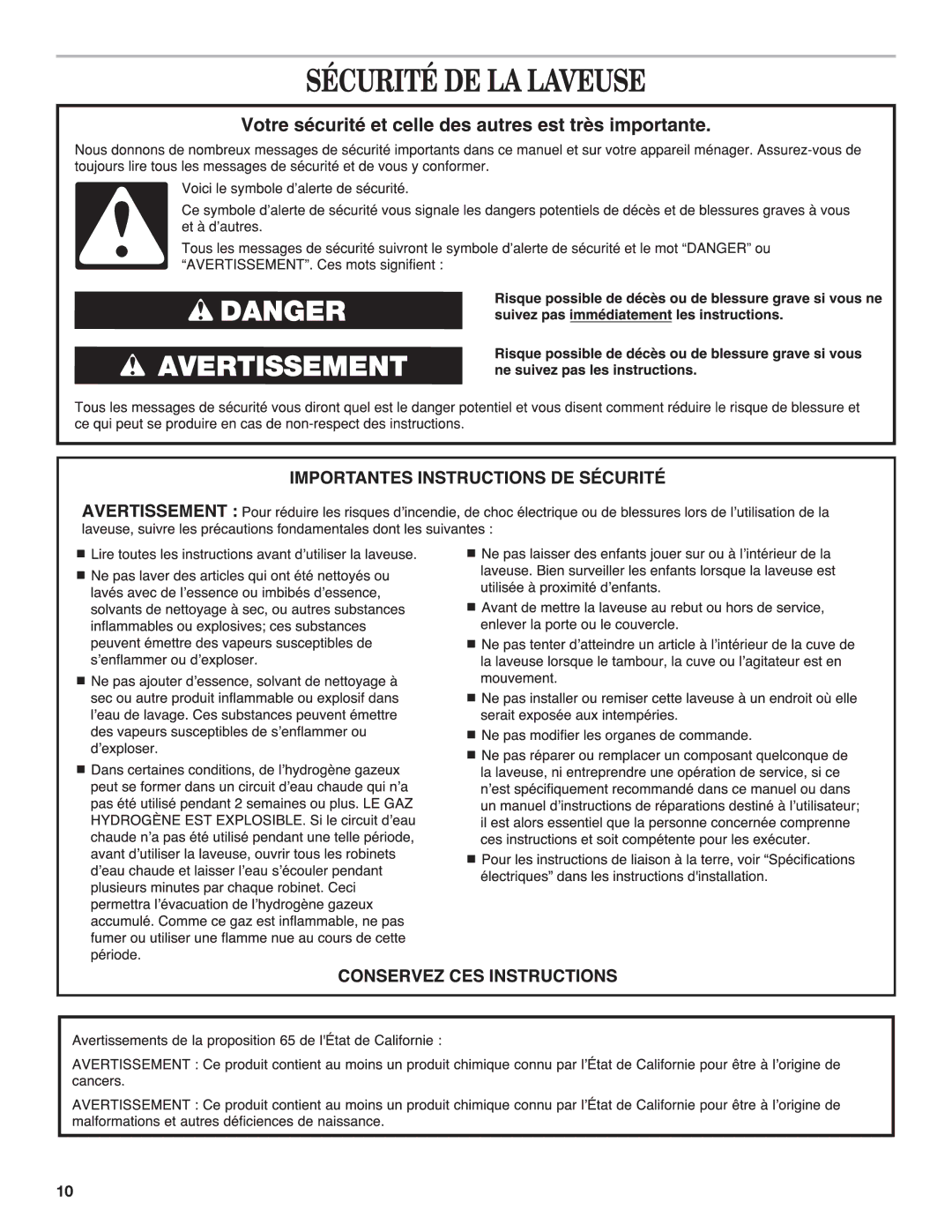 Amana W10347262A, W10368957A-SP warranty Sécurité DE LA Laveuse 