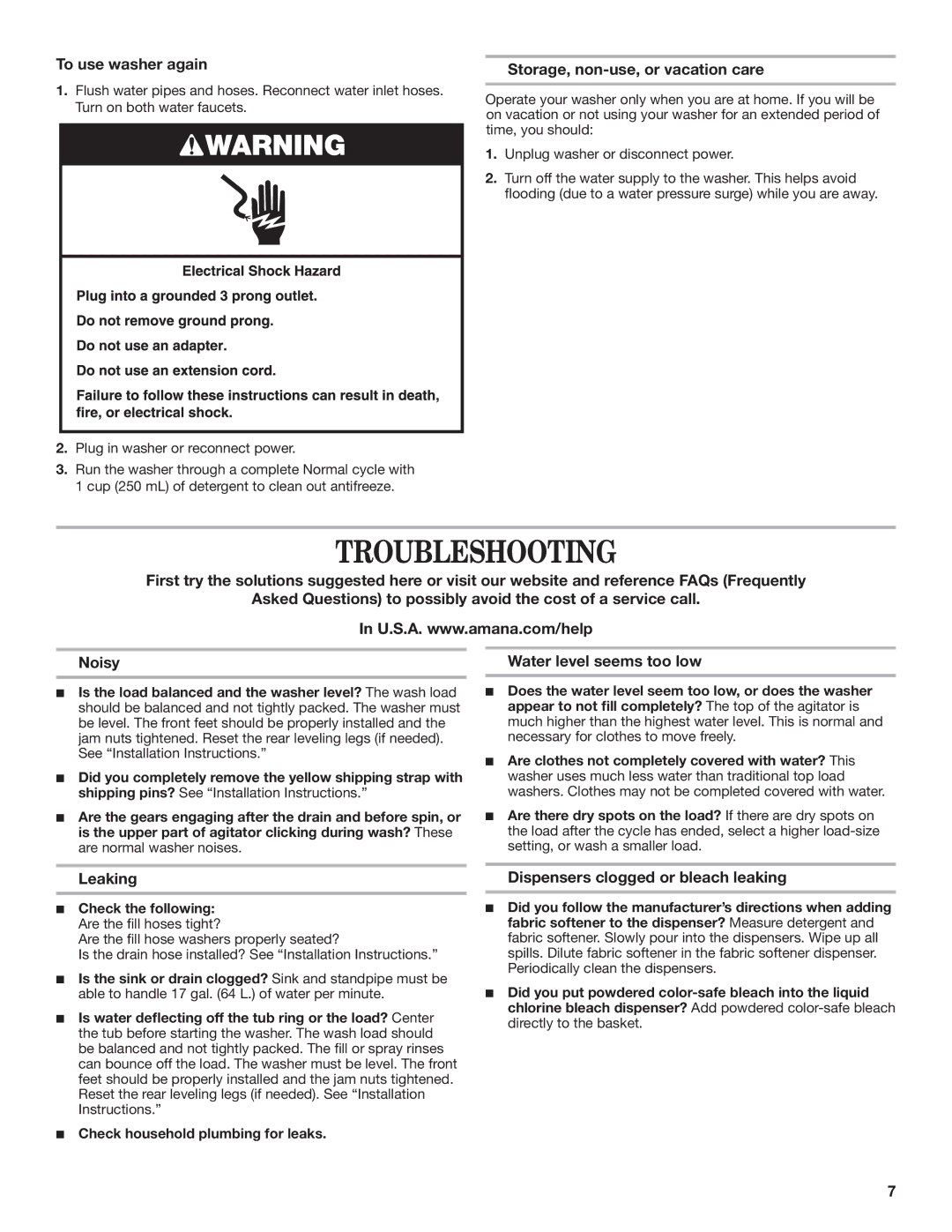 Amana W10368957A-SP, W10347262A warranty Troubleshooting, To use washer again, Storage, non-use, or vacation care, Leaking 