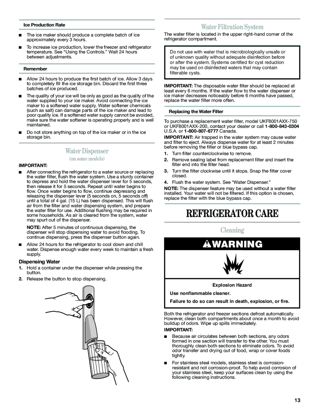 Amana W10366212A Refrigerator Care, Water Dispenser, Water Filtration System, Cleaning, Dispensing Water 