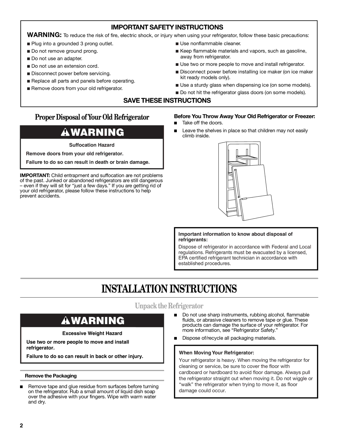 Amana W10366212A installation instructions Installation Instructions, Unpack the Refrigerator 