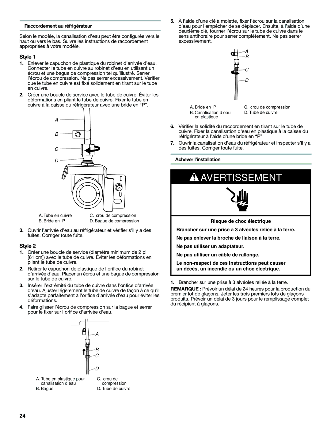 Amana W10366212A installation instructions Raccordement au réfrigérateur, Achever l’installation 