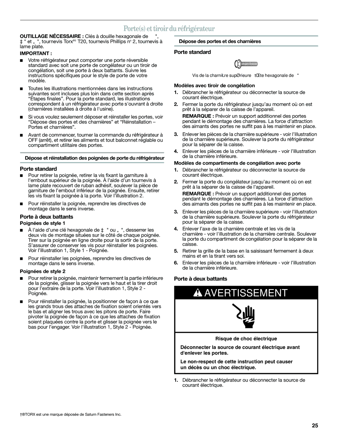 Amana W10366212A installation instructions Portes et tiroir du réfrigérateur, Porte standard, Porte à deux battants 