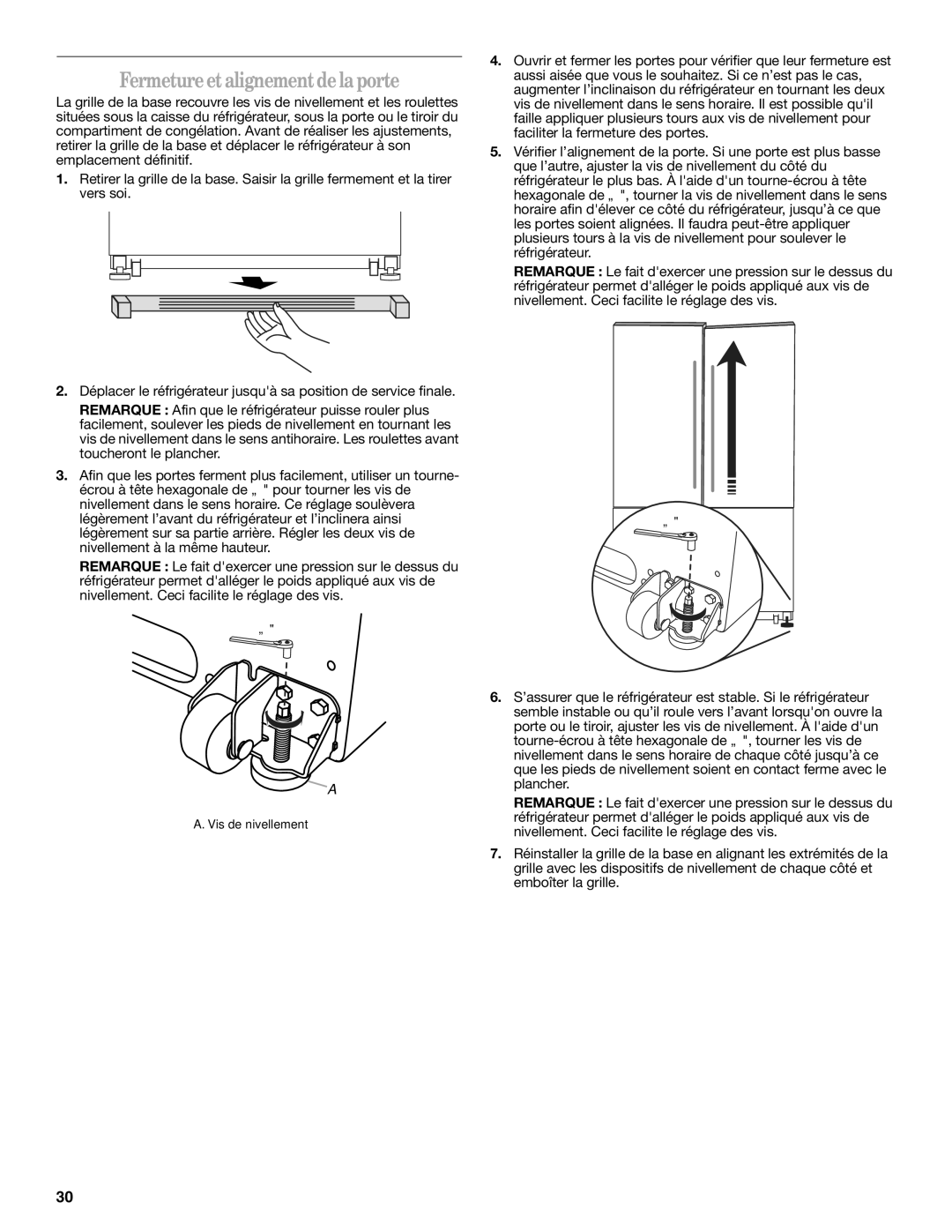 Amana W10366212A installation instructions Fermeture et alignement de la porte 