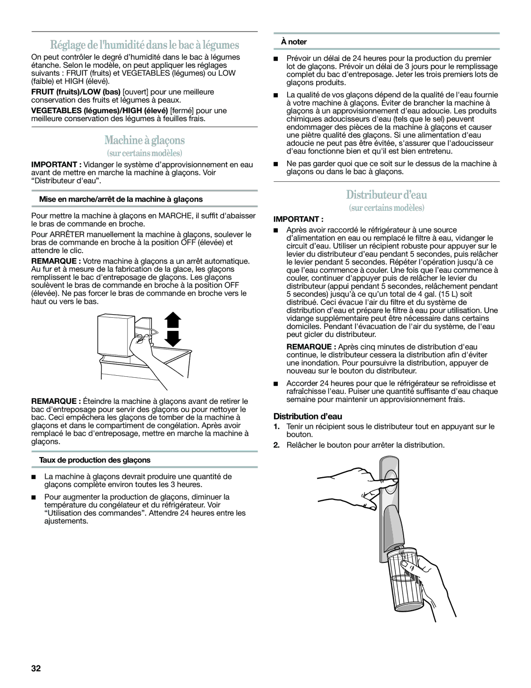 Amana W10366212A Machine à glaçons, Distributeur d’eau, Distribution d’eau, Mise en marche/arrêt de la machine à glaçons 