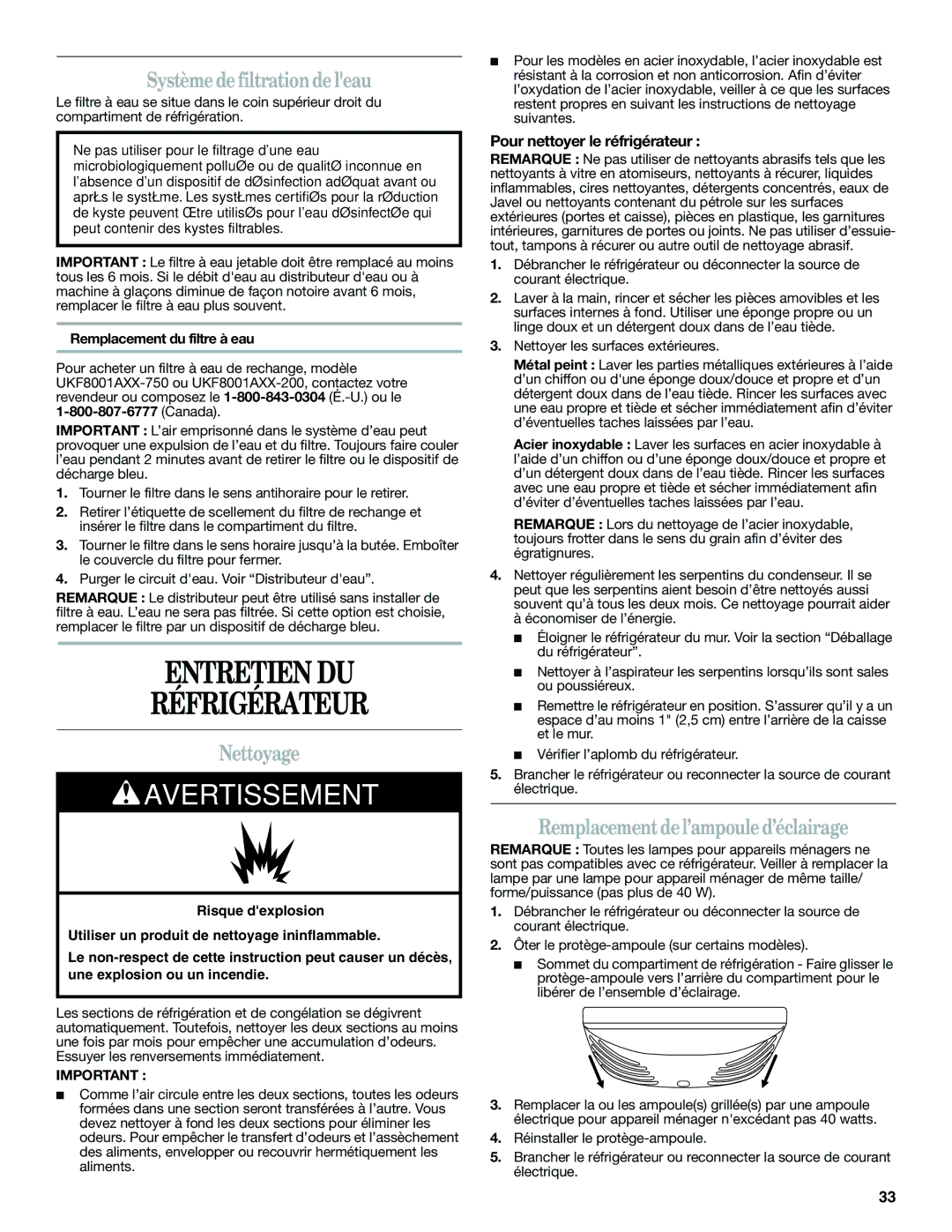 Amana W10366212A Entretien DU Réfrigérateur, Système de filtrationde leau, Nettoyage, Remplacement del’ampoule d’éclairage 