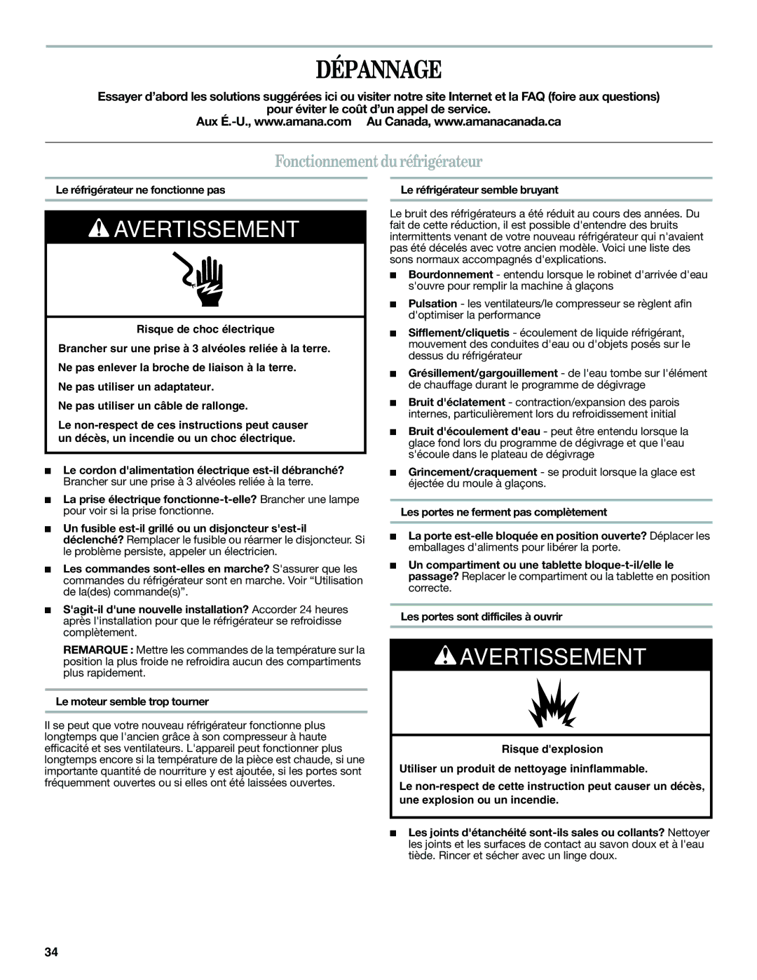 Amana W10366212A installation instructions Dépannage, Fonctionnement du réfrigérateur, Le réfrigérateur ne fonctionne pas 