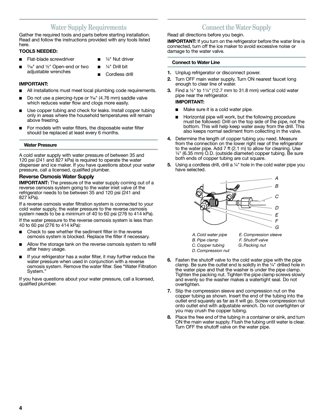 Amana W10366212A Water Supply Requirements, Connect the Water Supply, Reverse Osmosis Water Supply, Tools Needed 