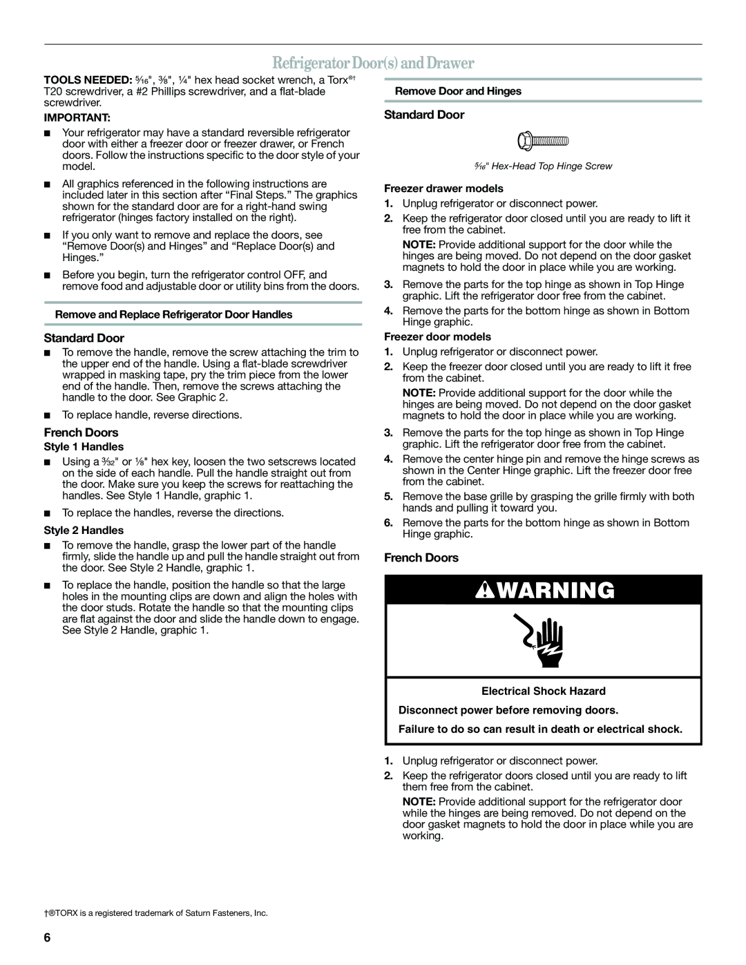 Amana W10366212A installation instructions Refrigerator Doors and Drawer, Standard Door, French Doors 