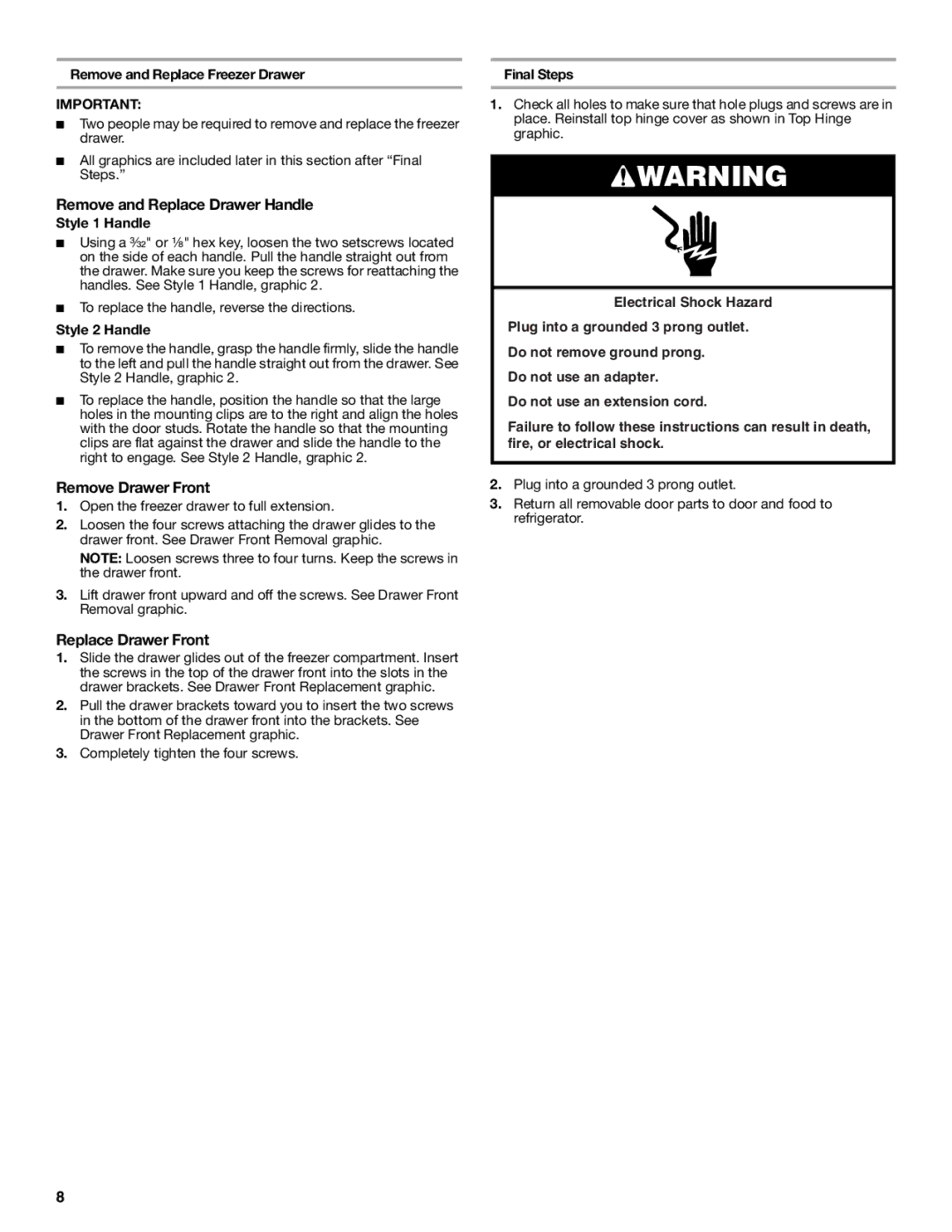 Amana W10366212A installation instructions Remove and Replace Drawer Handle, Remove Drawer Front, Replace Drawer Front 