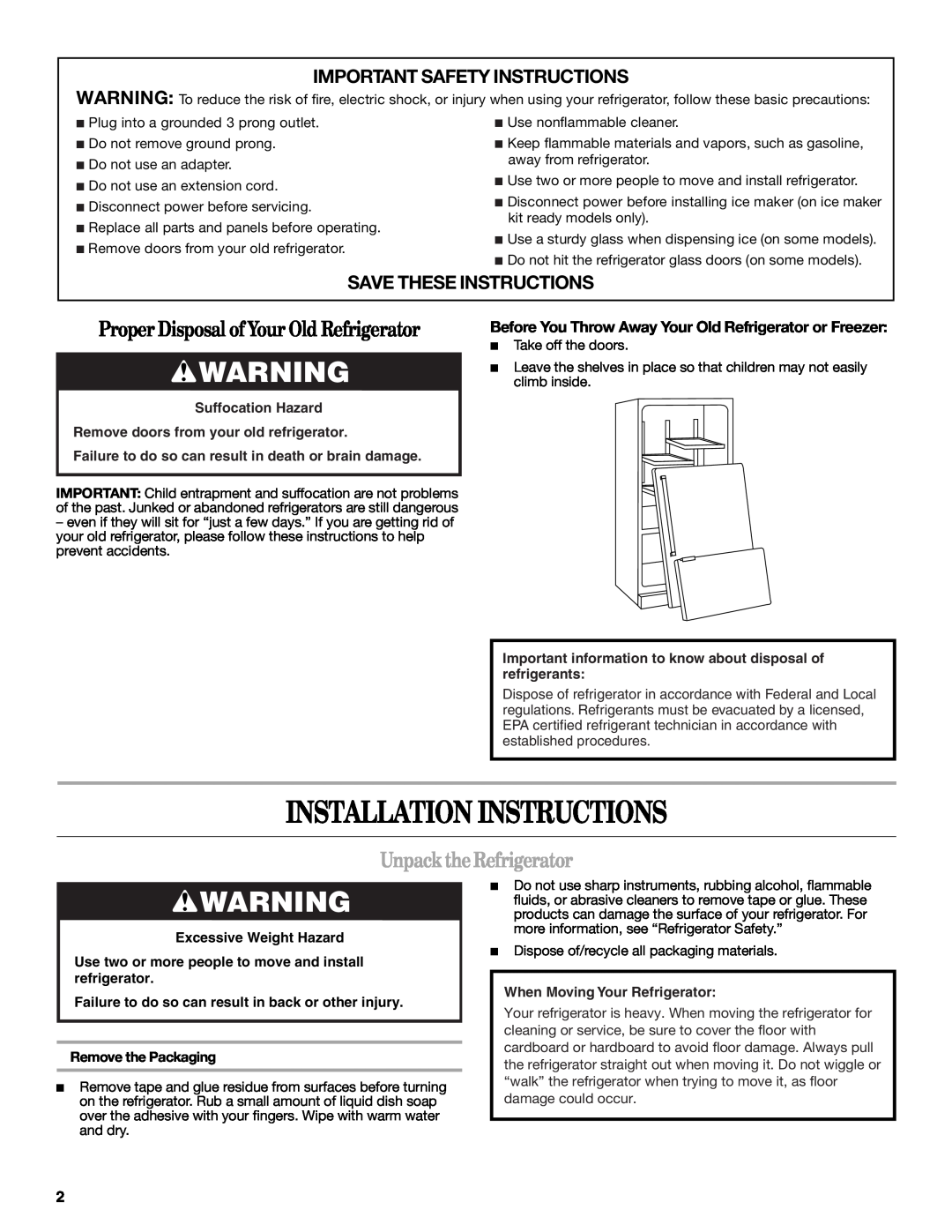 Amana W10366212A Installation Instructions, Unpack the Refrigerator, Important Safety Instructions, Remove the Packaging 