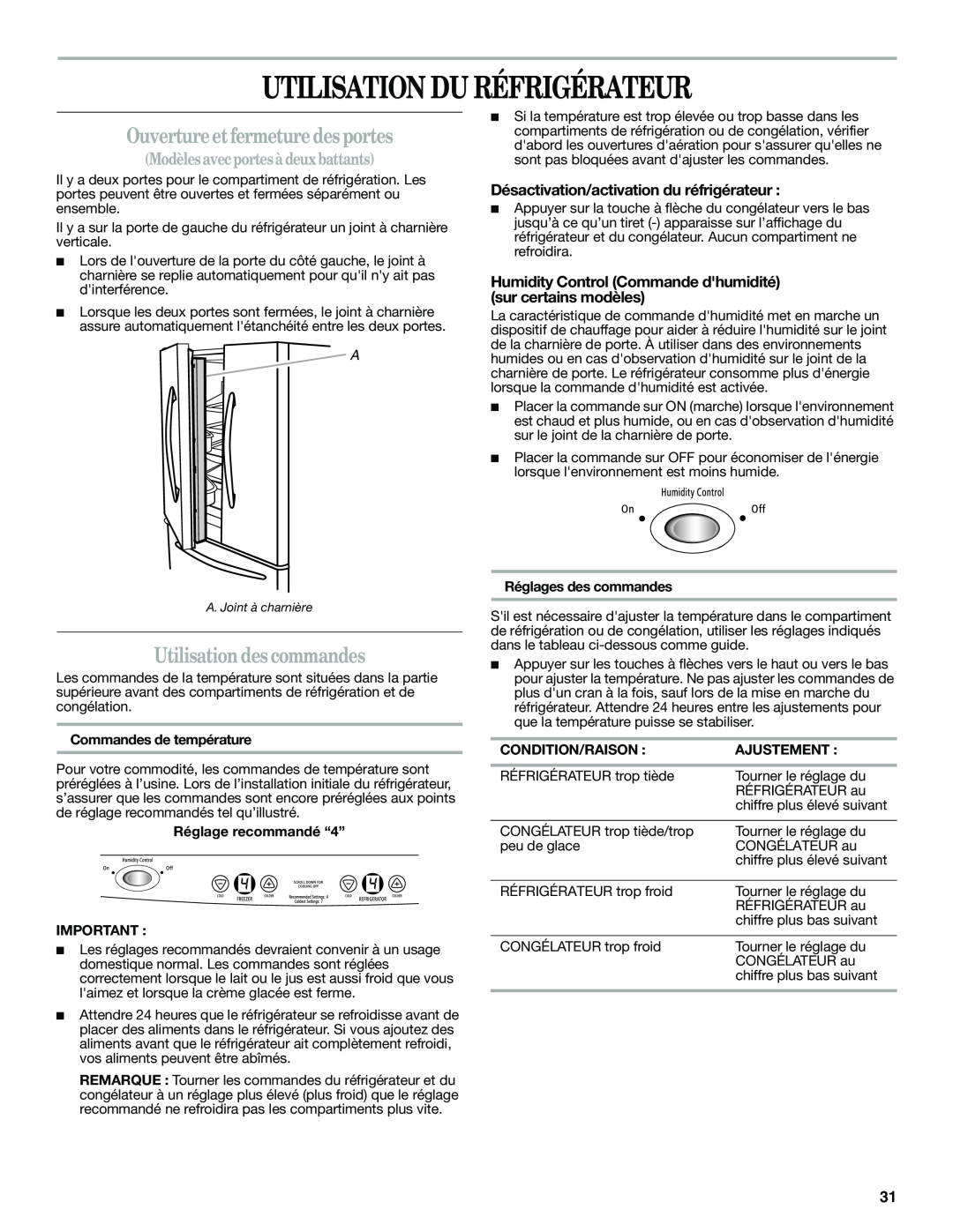 Amana W10366212A Utilisation Du Réfrigérateur, Ouvertureet fermeture des portes, Utilisation des commandes, Ajustement 