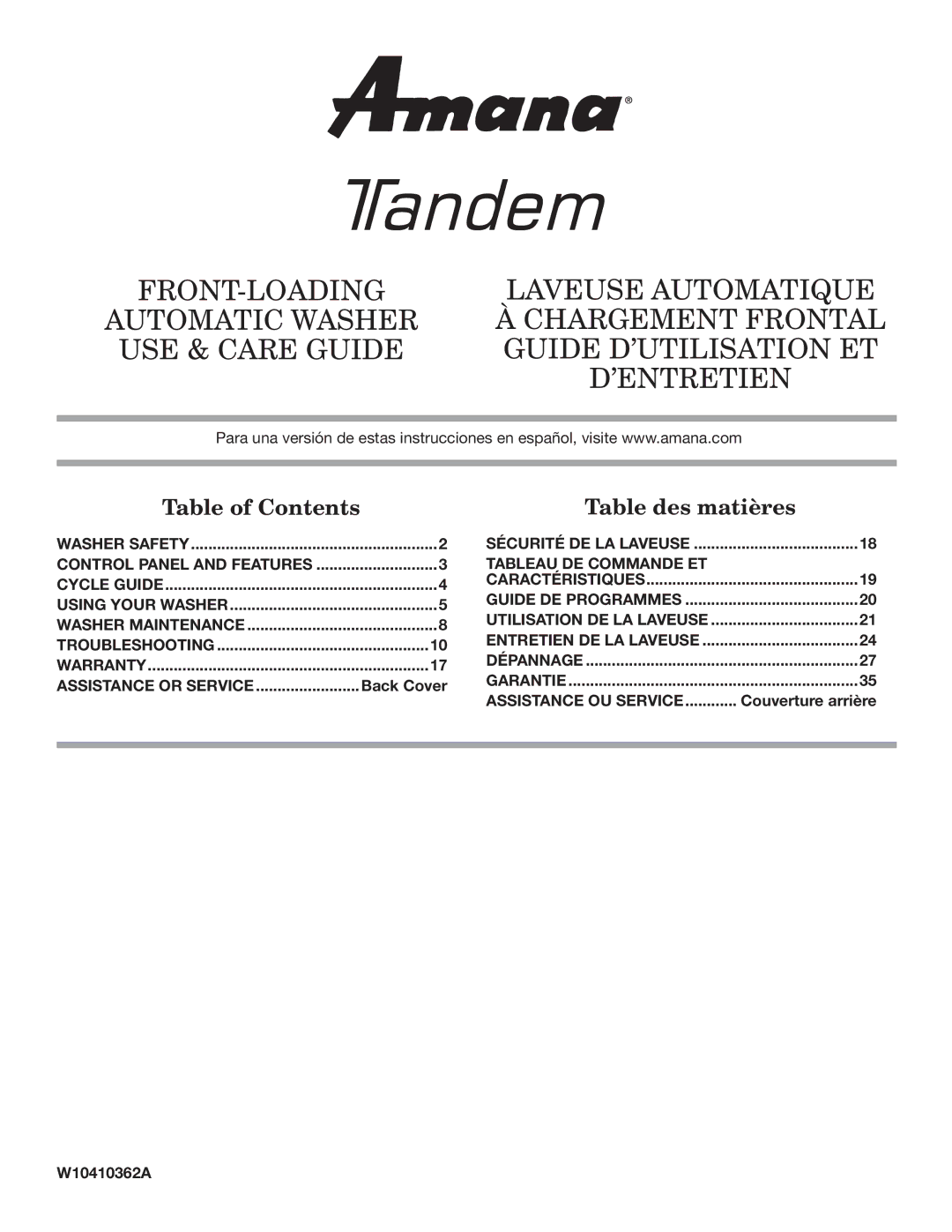 Amana W10410362A warranty Table of Contents 