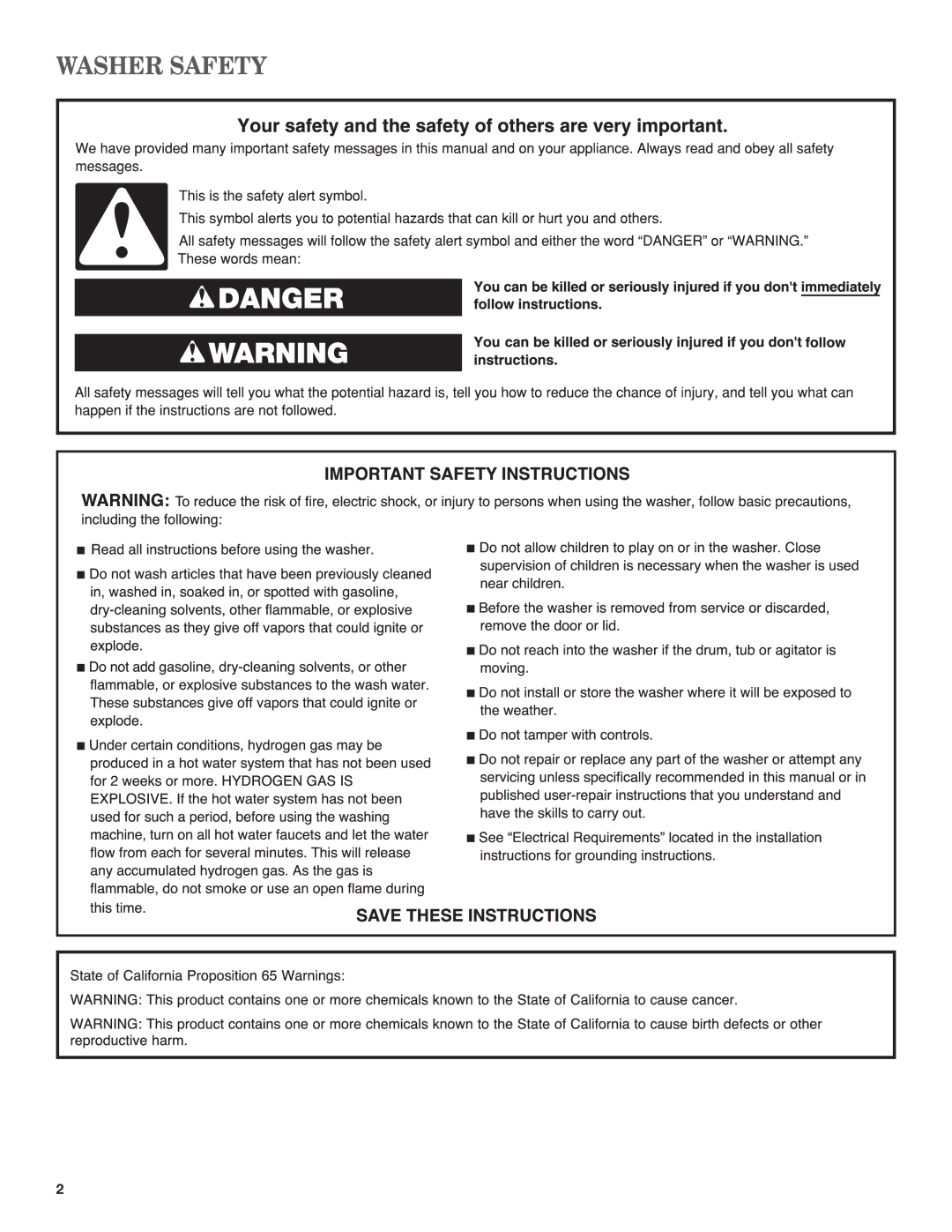 Amana W10410362A warranty Washer Safety 