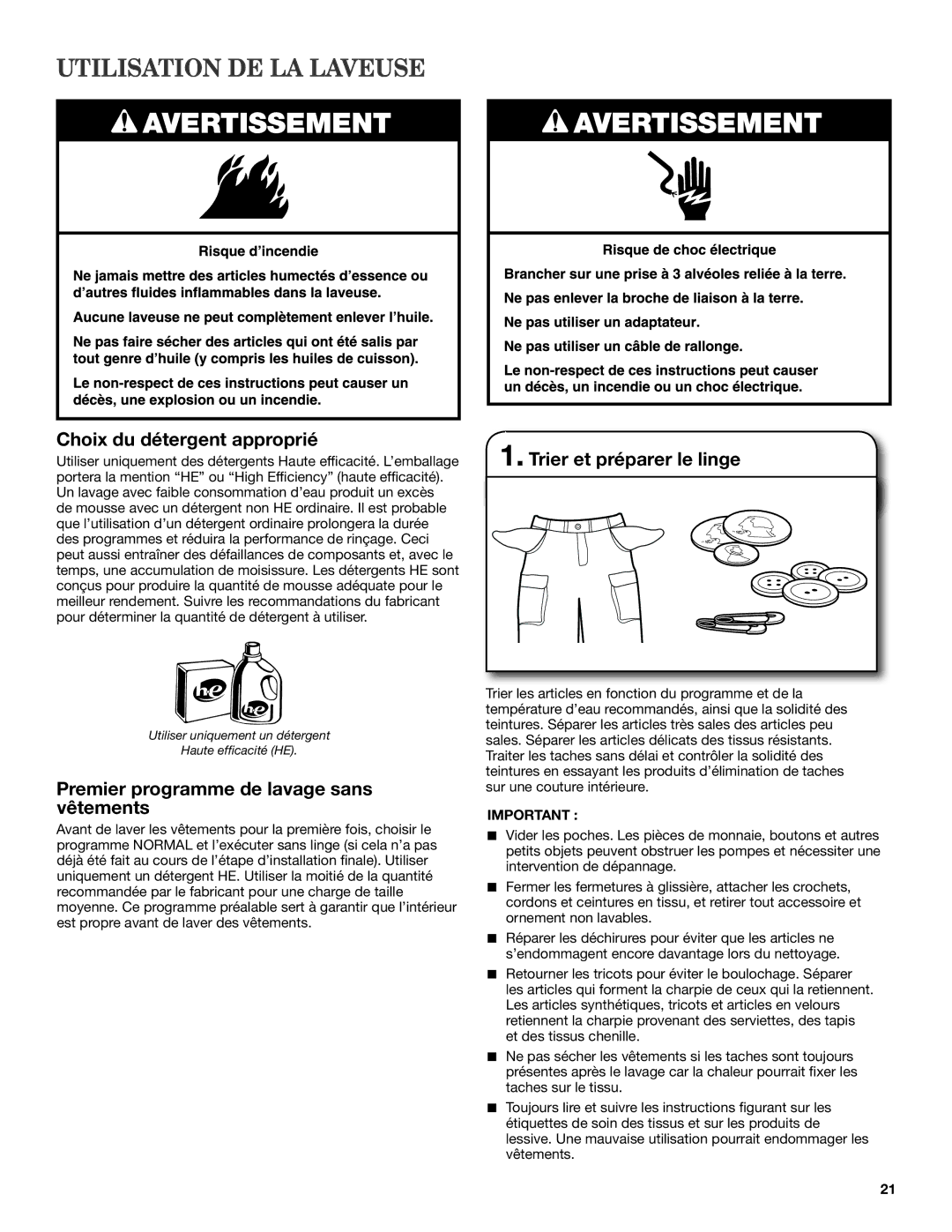 Amana W10410362A Utilisation DE LA Laveuse, Choix du détergent approprié, Premier programme de lavage sans vêtements 