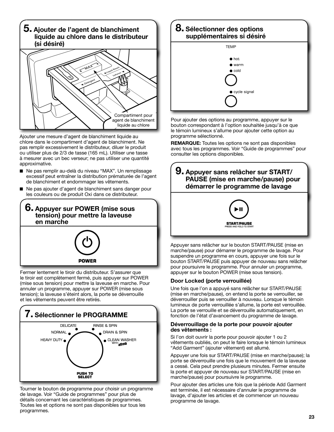 Amana W10410362A warranty Sélectionner le Programme, Door Locked porte verrouillée 