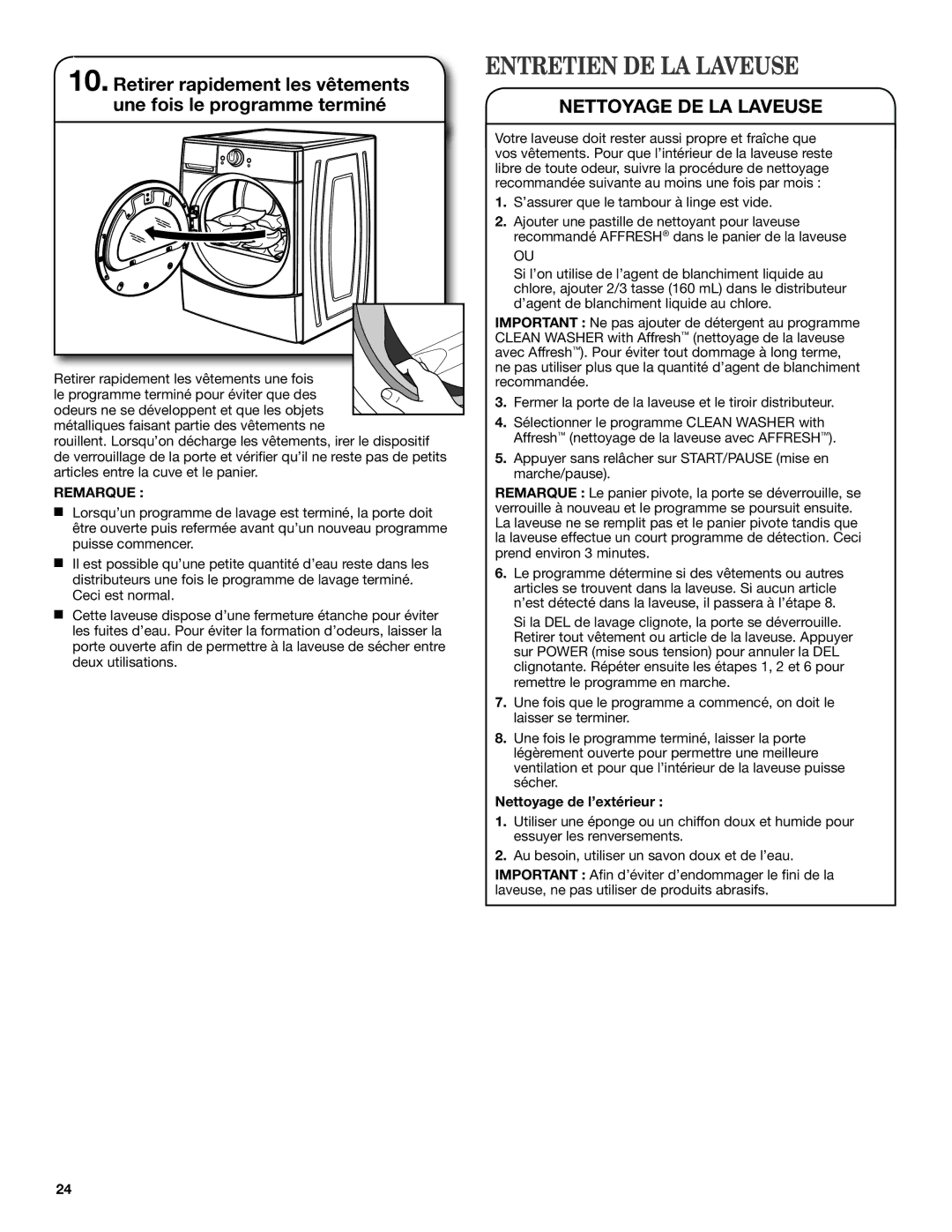 Amana W10410362A warranty Entretien DE LA Laveuse, Nettoyage de l’extérieur 