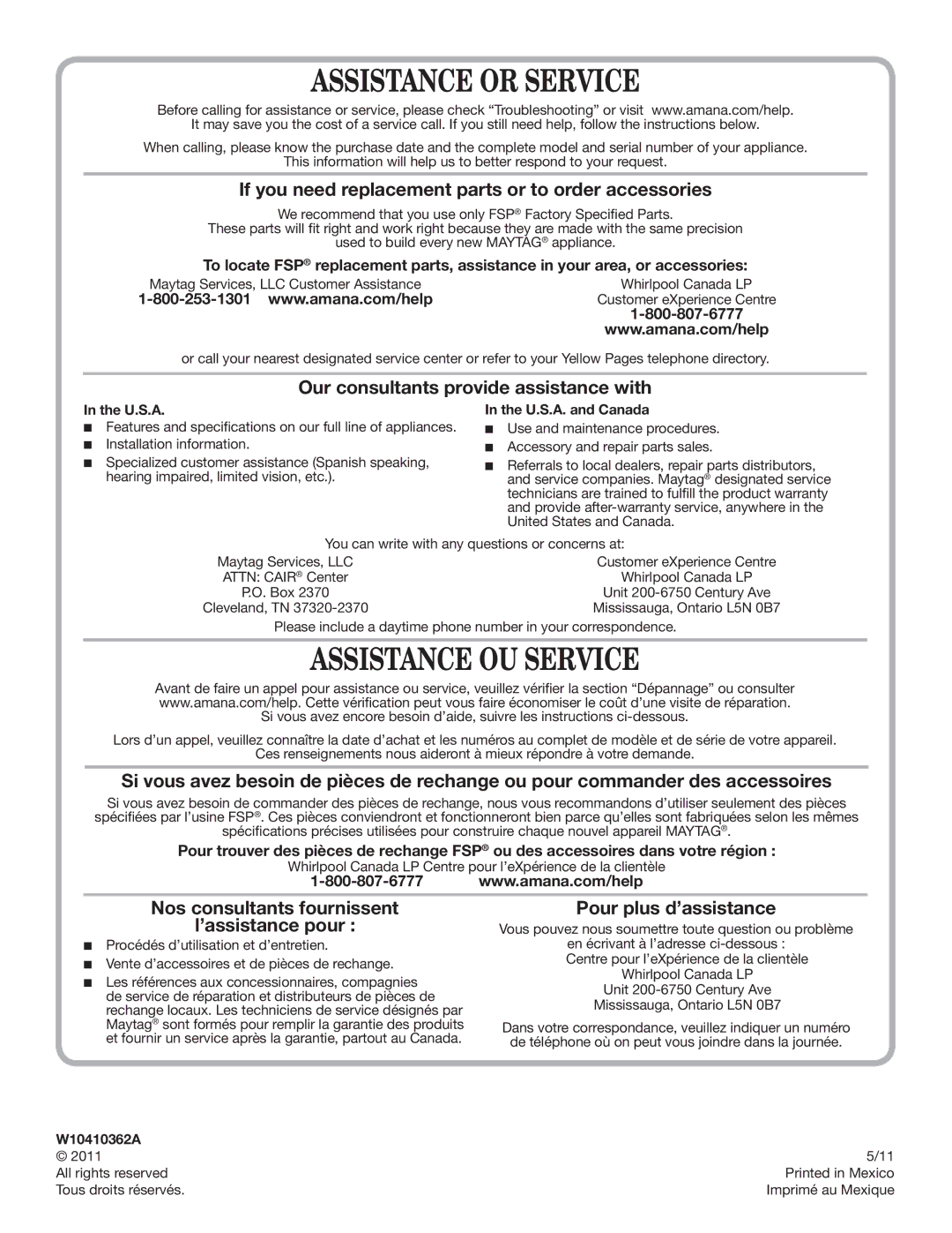 Amana W10410362A warranty If you need replacement parts or to order accessories, Our consultants provide assistance with 