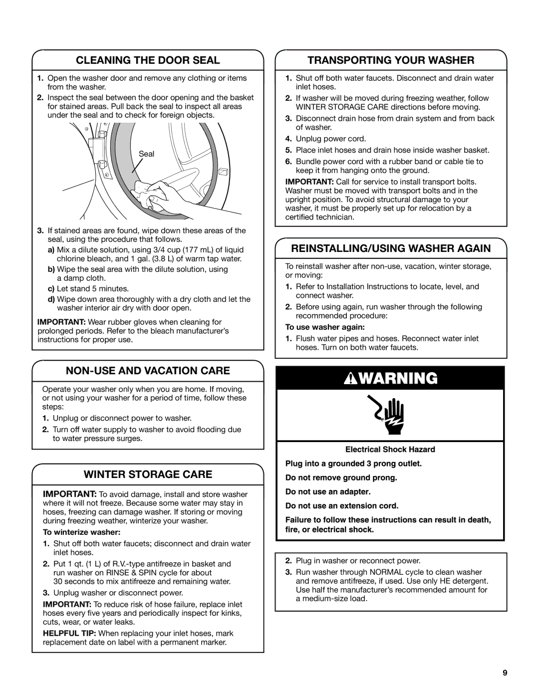 Amana W10410362A warranty To use washer again, To winterize washer 