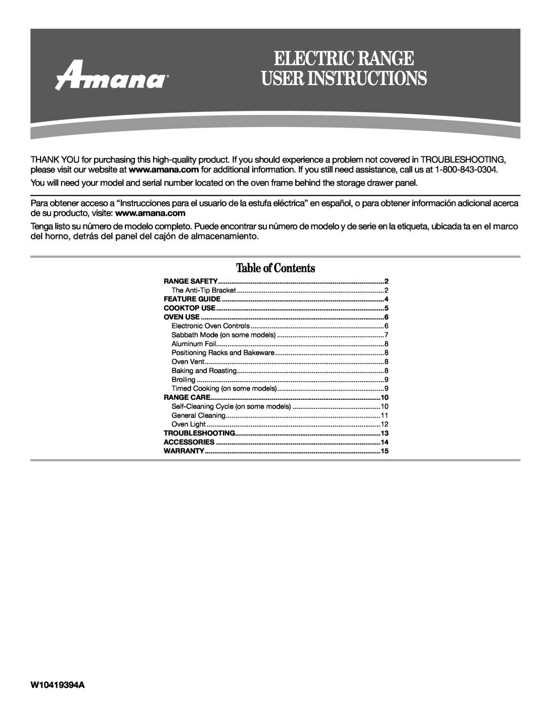 Amana W10419394A warranty Electric Range User Instructions, Table of Contents 