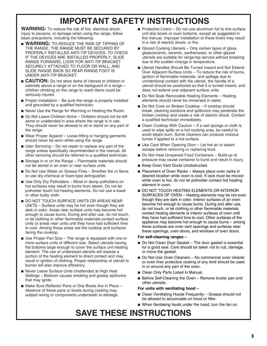 Amana W10419394A warranty Important Safety Instructions, Save These Instructions, For self-cleaning ranges 
