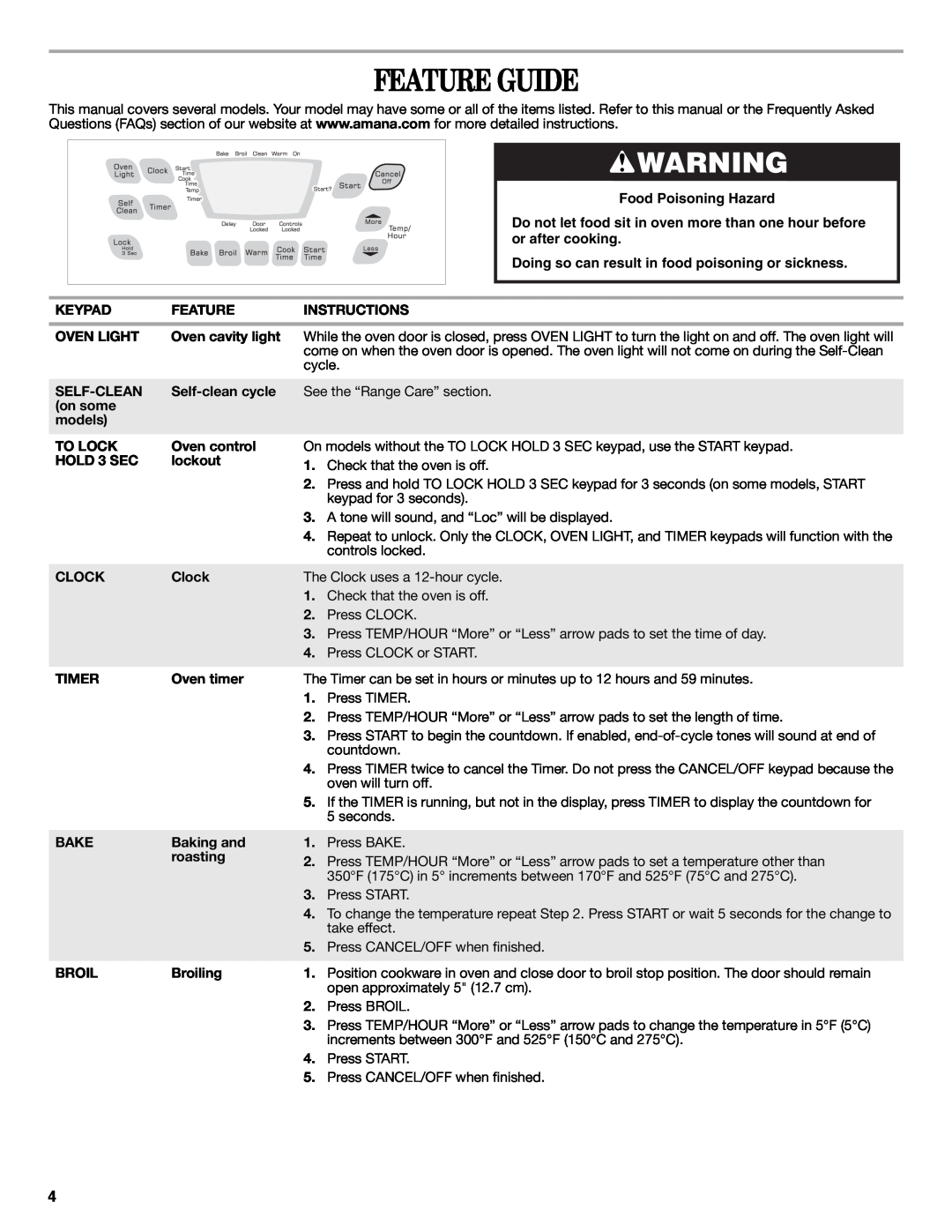 Amana W10419394A warranty Feature Guide, Food Poisoning Hazard, Do not let food sit in oven more than one hour before 