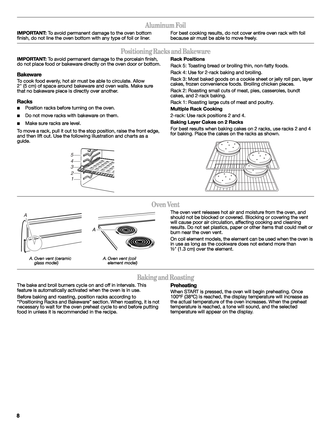 Amana W10419394A warranty AluminumFoil, PositioningRacksandBakeware, Oven Vent, BakingandRoasting, Preheating 