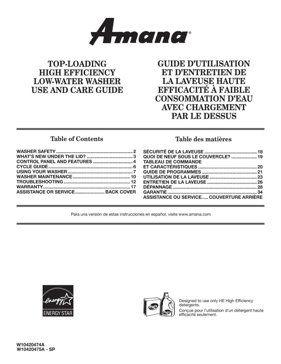 Amana W10420474A warranty LA Laveuse Haute USE and Care Guide Efficacité À Faible 