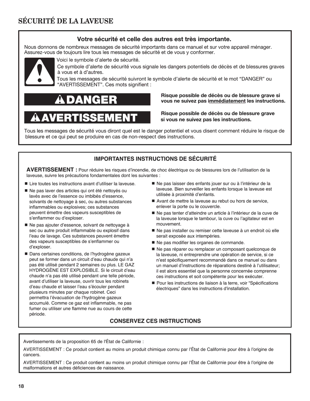 Amana W10420474A warranty Sécurité DE LA Laveuse 