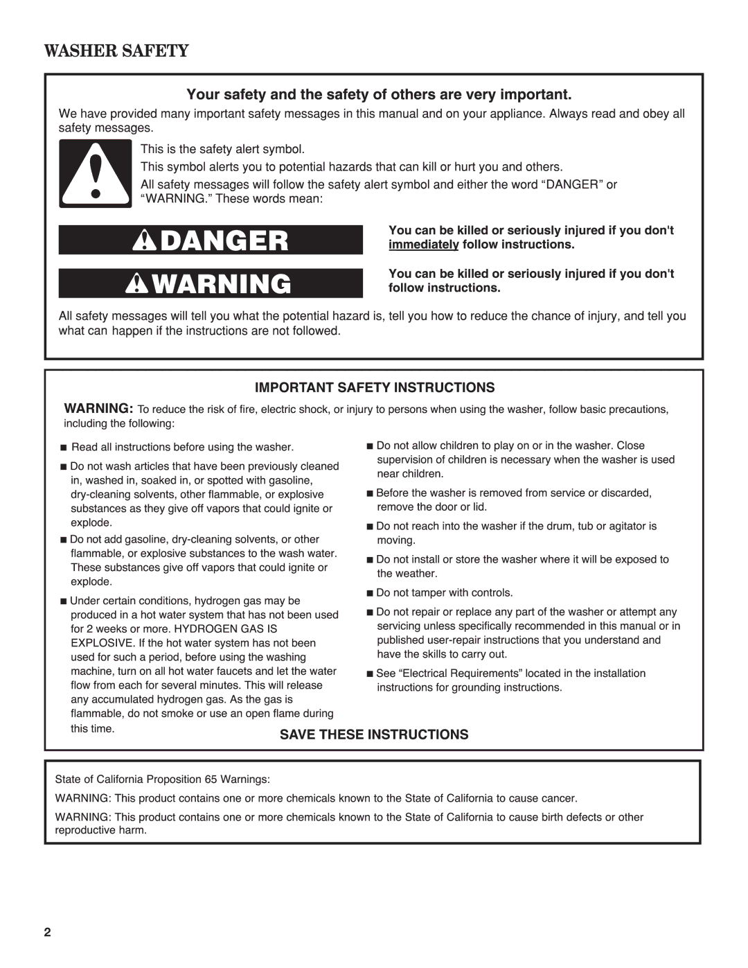 Amana W10420474A warranty Washer Safety 