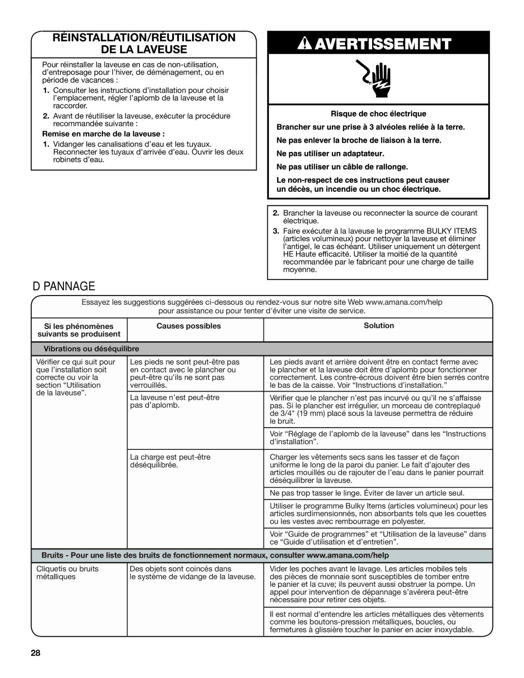 Amana W10420474A warranty Dépannage, Remise en marche de la laveuse 