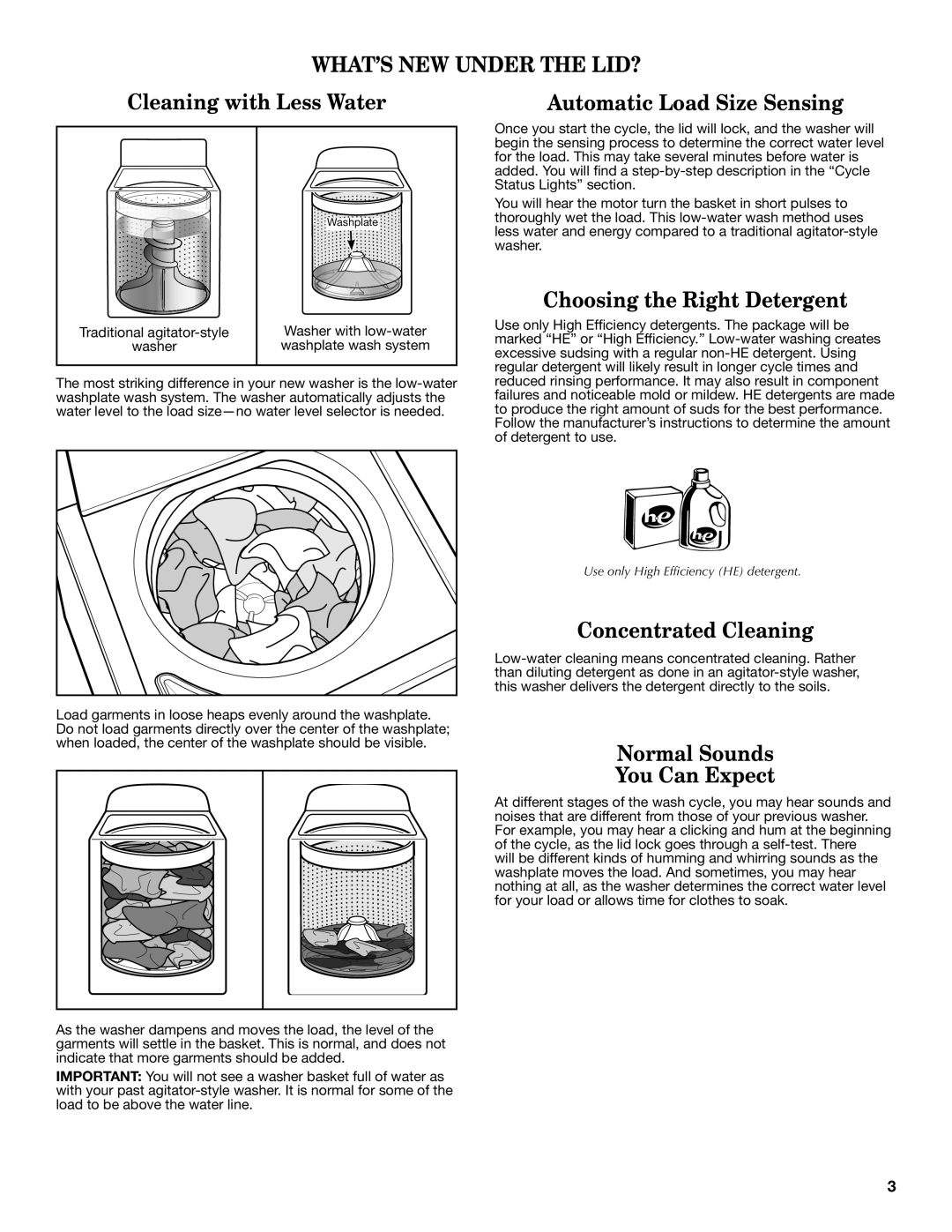 Amana W10420474A warranty WHAT’S NEW Under the LID?, Cleaning with Less Water Automatic Load Size Sensing 