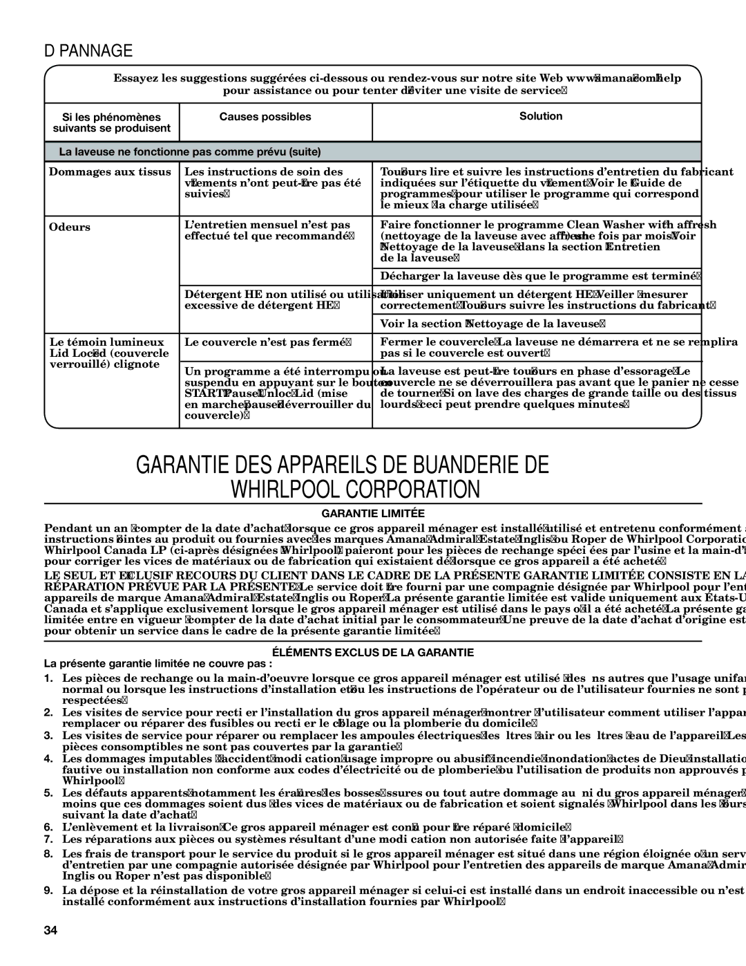 Amana W10420474A warranty Garantie Limitée, Éléments Exclus DE LA Garantie, La présente garantie limitée ne couvre pas 