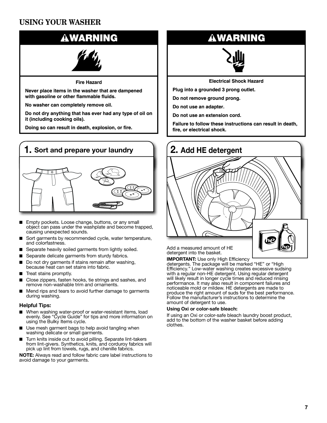 Amana W10420474A warranty Using Your Washer, Sort and prepare your laundry, Using Oxi or color-safe bleach 