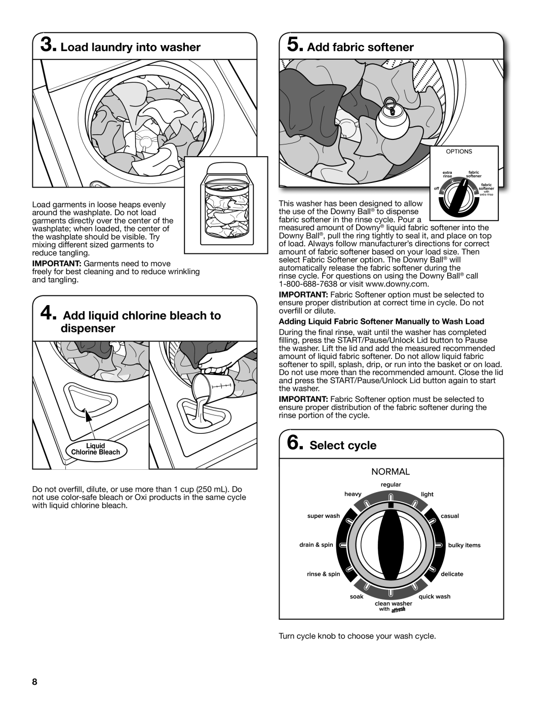 Amana W10420474A Load laundry into washer Add fabric softener, Add liquid chlorine bleach to dispenser, Select cycle 