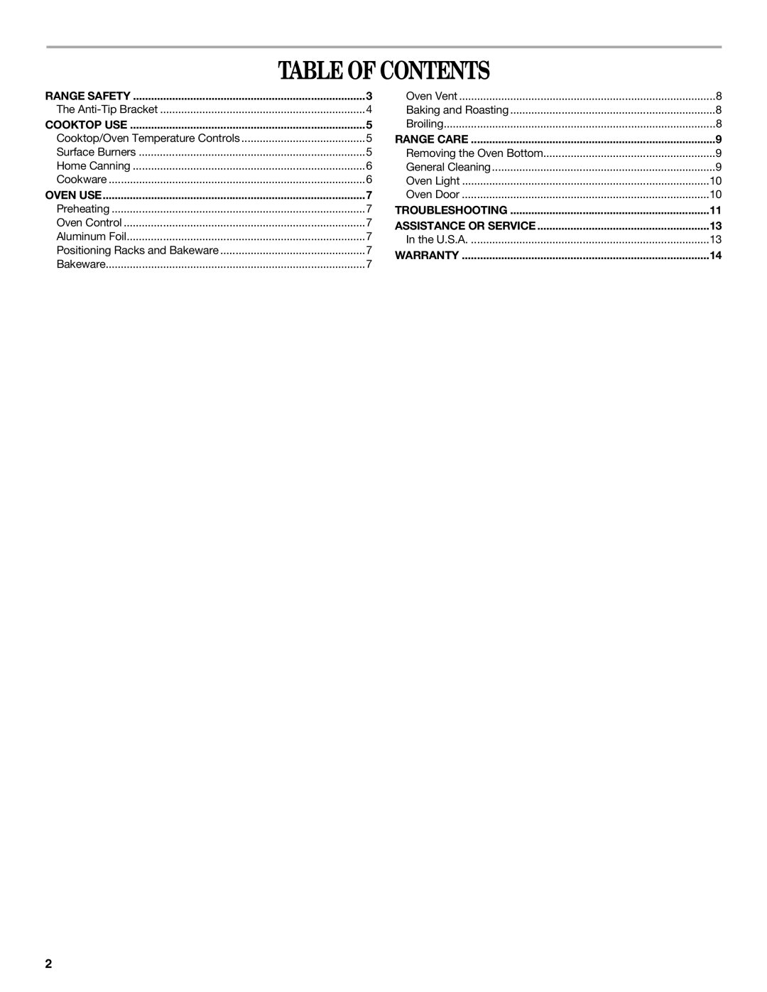 Amana W10452012A manual Table of Contents 