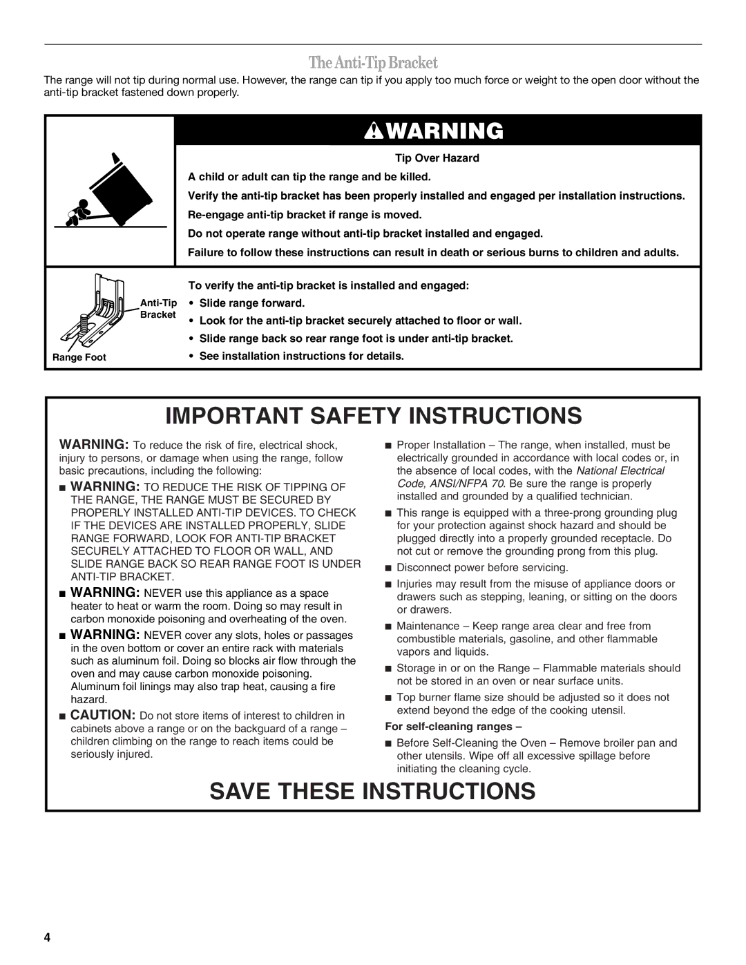 Amana W10452012A manual Important Safety Instructions, Anti-Tip Bracket 