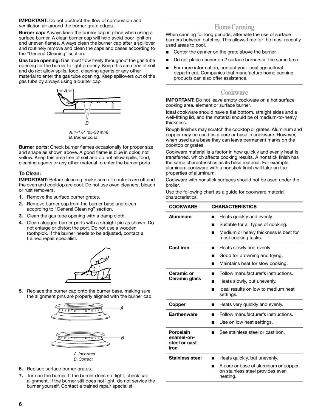 Amana W10452012A manual Home Canning, To Clean, Cookware Characteristics 