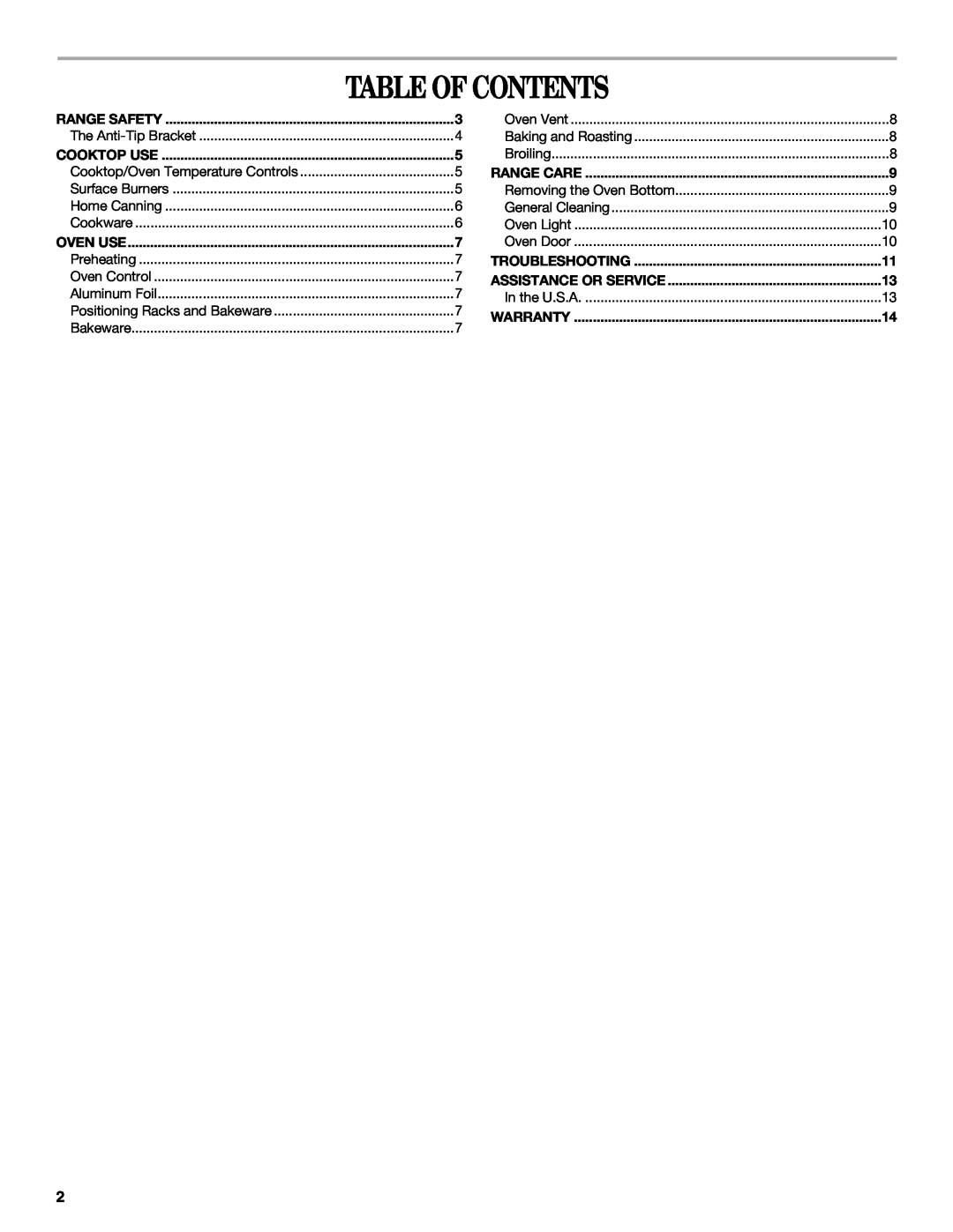 Amana W10452012A manual Table Of Contents 