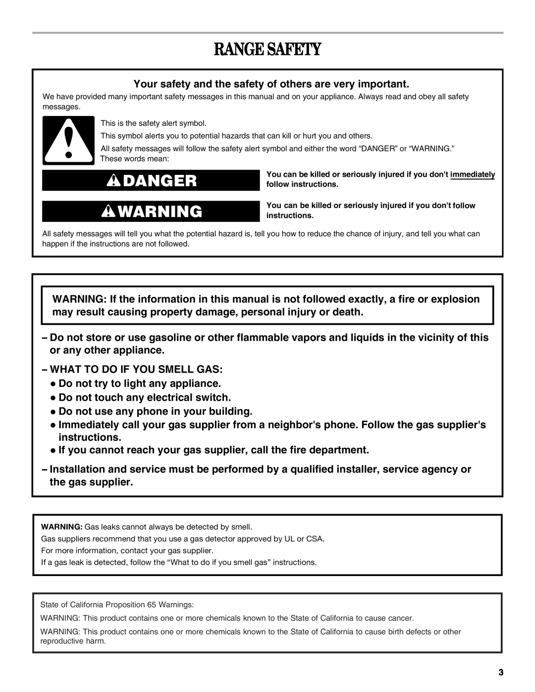 Amana W10452012A manual Range Safety, Danger 