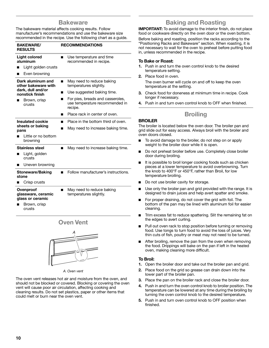 Amana W10531343A manual Bakeware, Oven Vent, Baking and Roasting, Broiling, Broiler 